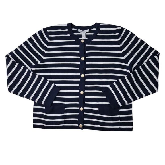 Nine West Women's Relaxed Fit Elegant Spring Cardigan - Navy/White Stripe - Picture 1 of 3